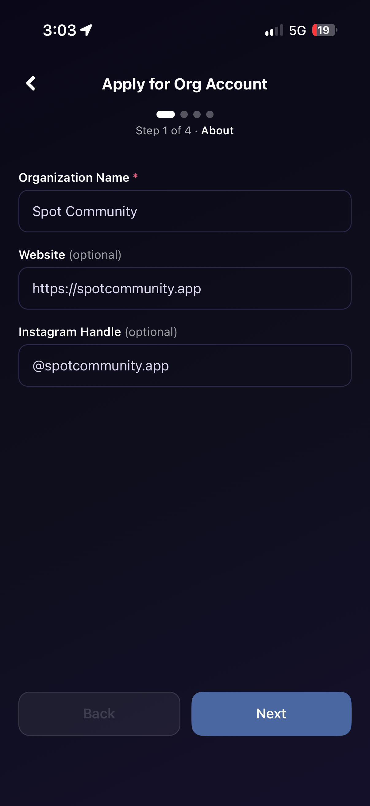 Enter organization info
